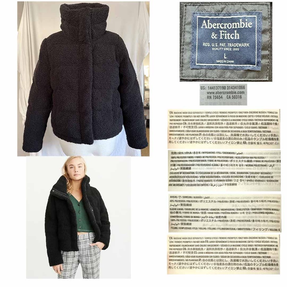 Abercrombie and Fitch A&F Women Large Black Sherpa Mini Puffer Jacket EUC